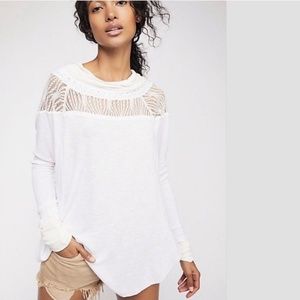 Free People White Long Sleeve Top with Lace Detail